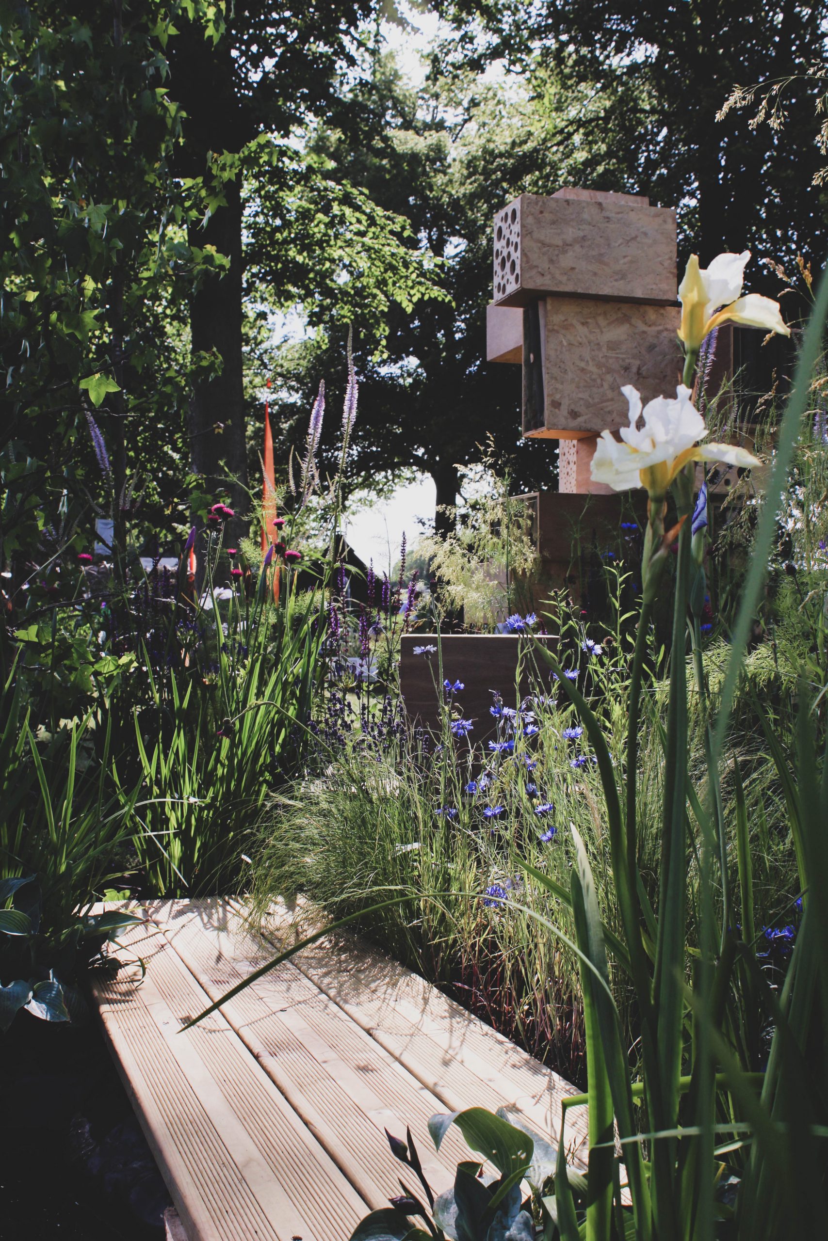 Bee Cause Garden at Blenheim Palace with bee-friendly planting and large insect hotel