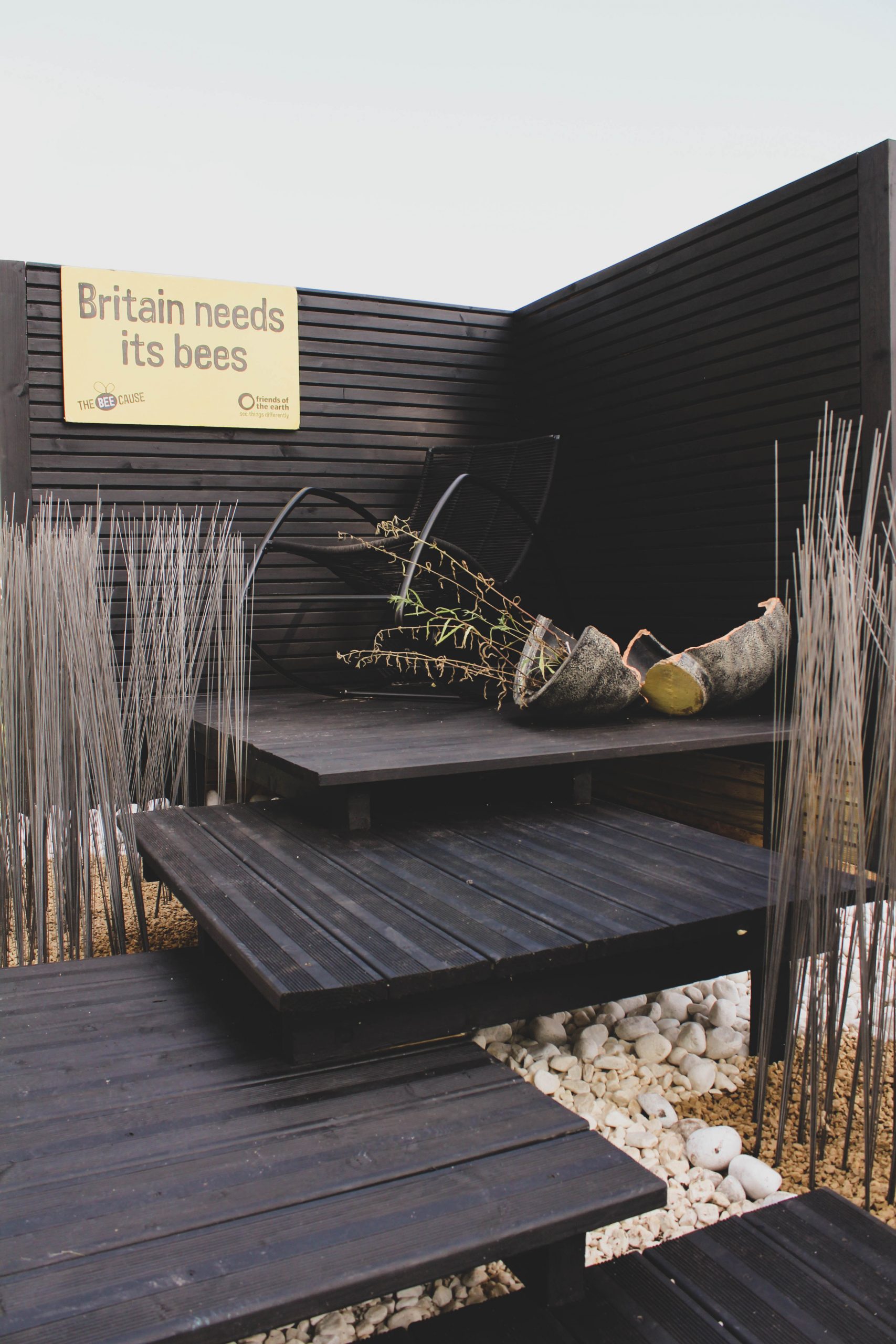 Friends of the Earth Bee Cause Garden at Blenheim Palace Flower Show with steel grass installation