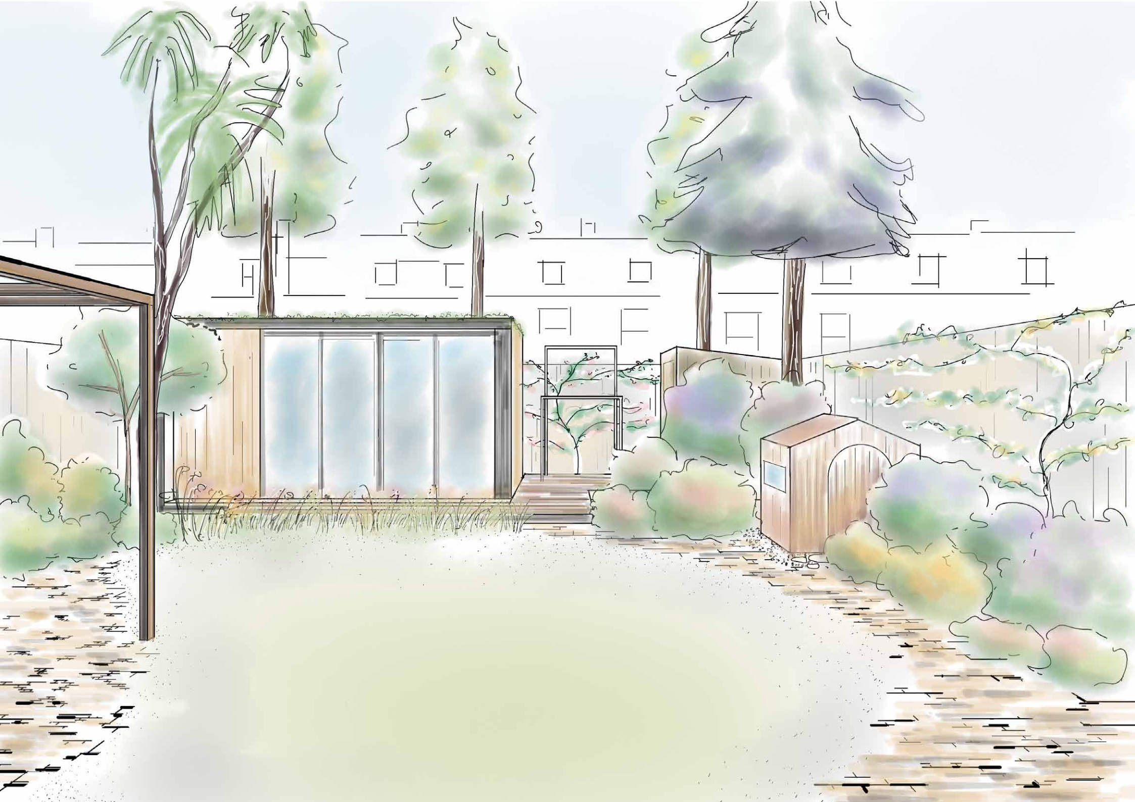 Family garden design in Hampstead, North London with garden studio, lawn and relaxed planting