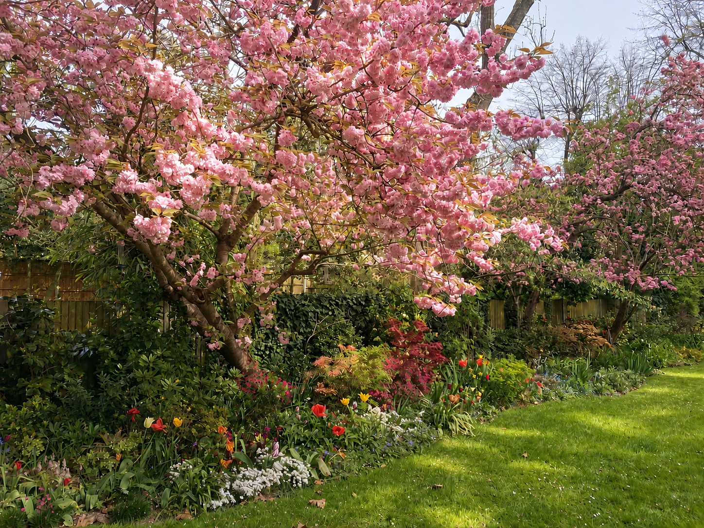 Spring blossom and colourful border planting in a shared Hampstead garden