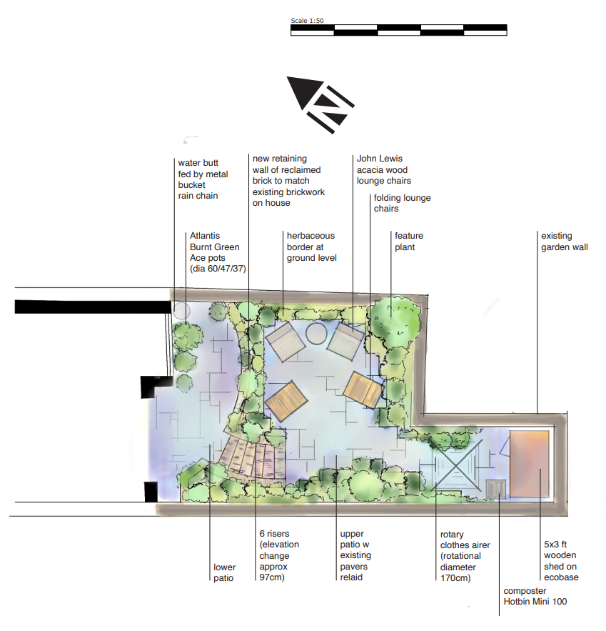 Garden design plan for a small split-level garden in Islington, North London